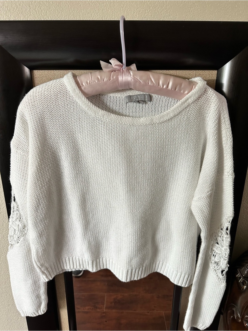 Solemio White Crewneck Sweater with Lace Elbow Details made in 💯 cotton
